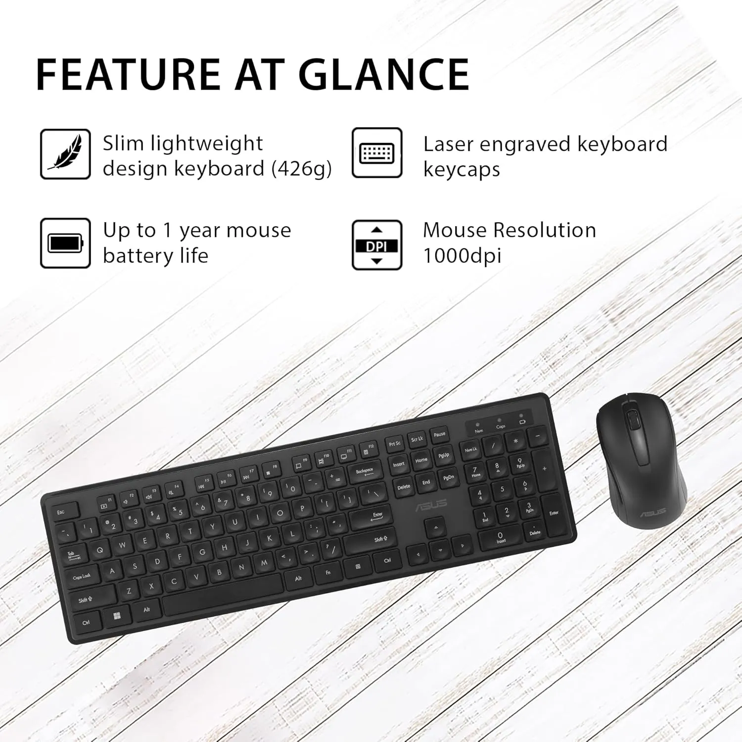 ASUS Wireless Keyboard and Mouse Set CW101, Upto 1000 Adjustable DPI,2.4 GHz Nano Receiver, Gaming - Image 2